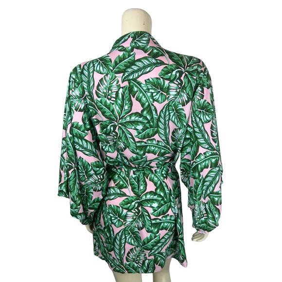 Kenny Flowers Beverly Hills Kimono Coverup Size S Leaf Print Green Pink Tie Swim - Picture 4 of 12